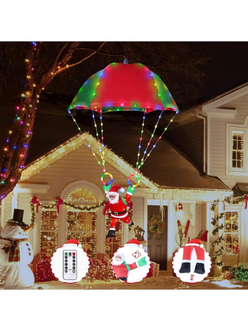 Multicolor LED Christmas Lights with Santa - Waterproof, Remote, 8 Modes